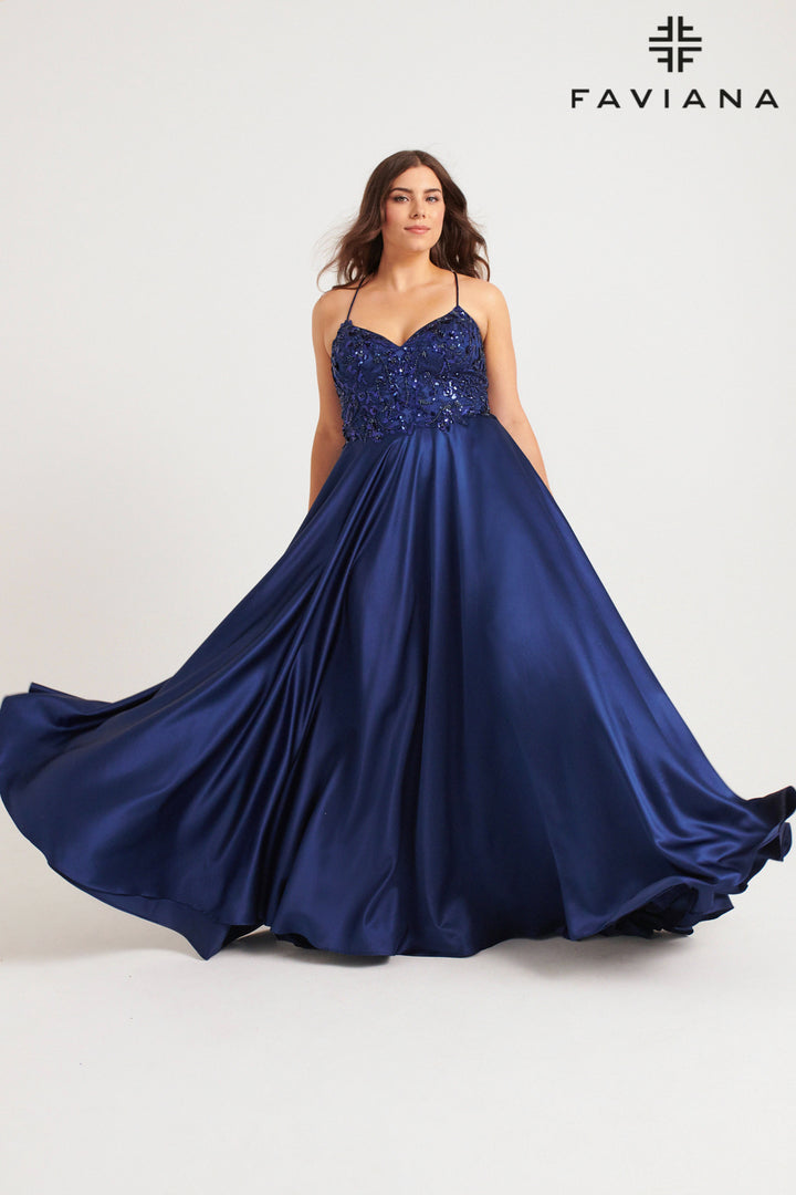 Plus Size Satin V-Neck A-line Gown by Faviana 9578