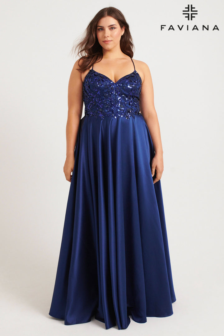 Plus Size Satin V-Neck A-line Gown by Faviana 9578