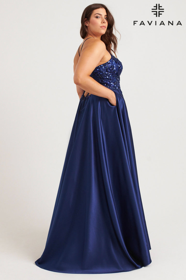 Plus Size Satin V-Neck A-line Gown by Faviana 9578