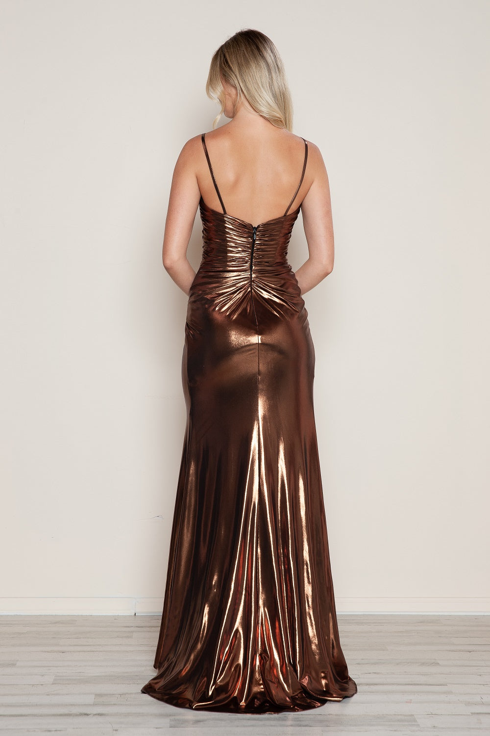 Metallic Fitted Sleeveless Slit Gown by Poly USA 9582