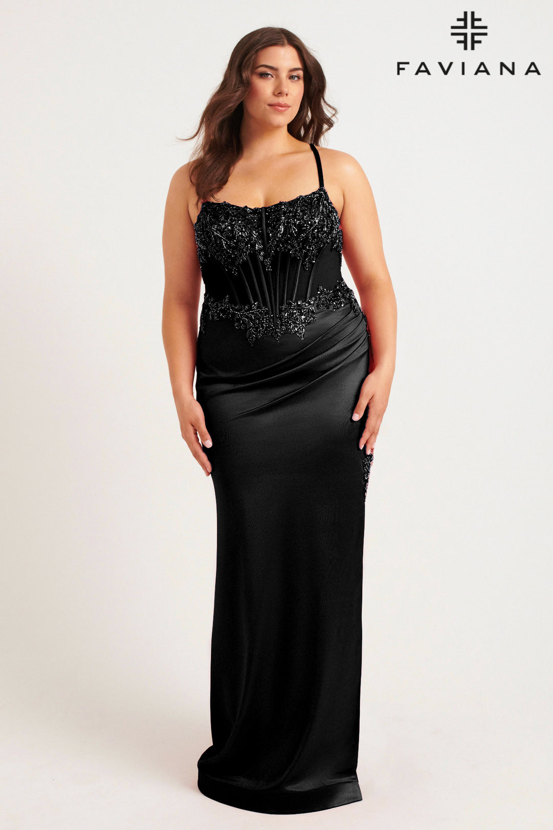 Plus Size Beaded Satin Corset Gown by Faviana 9592