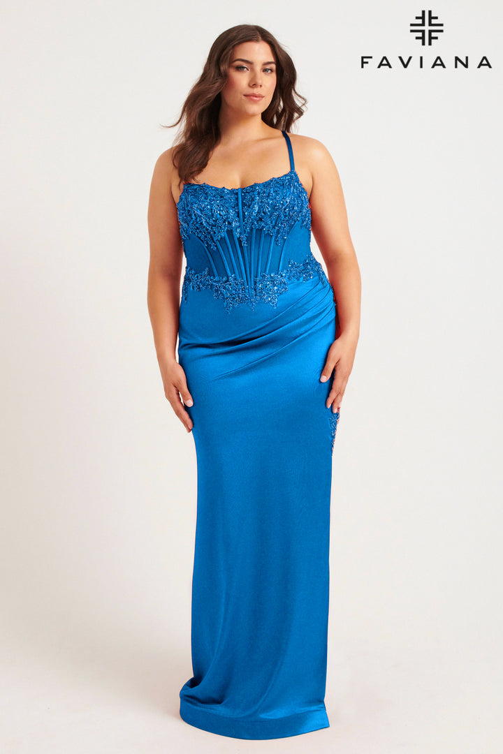 Plus Size Beaded Satin Corset Gown by Faviana 9592