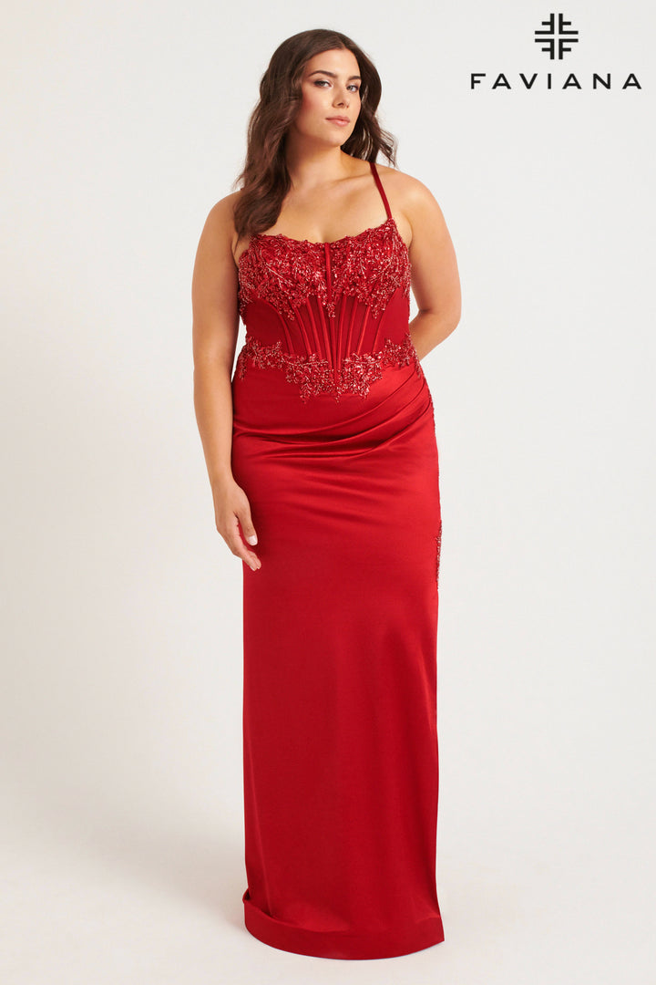 Plus Size Beaded Satin Corset Gown by Faviana 9592