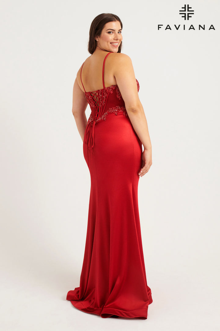 Plus Size Beaded Satin Corset Gown by Faviana 9592