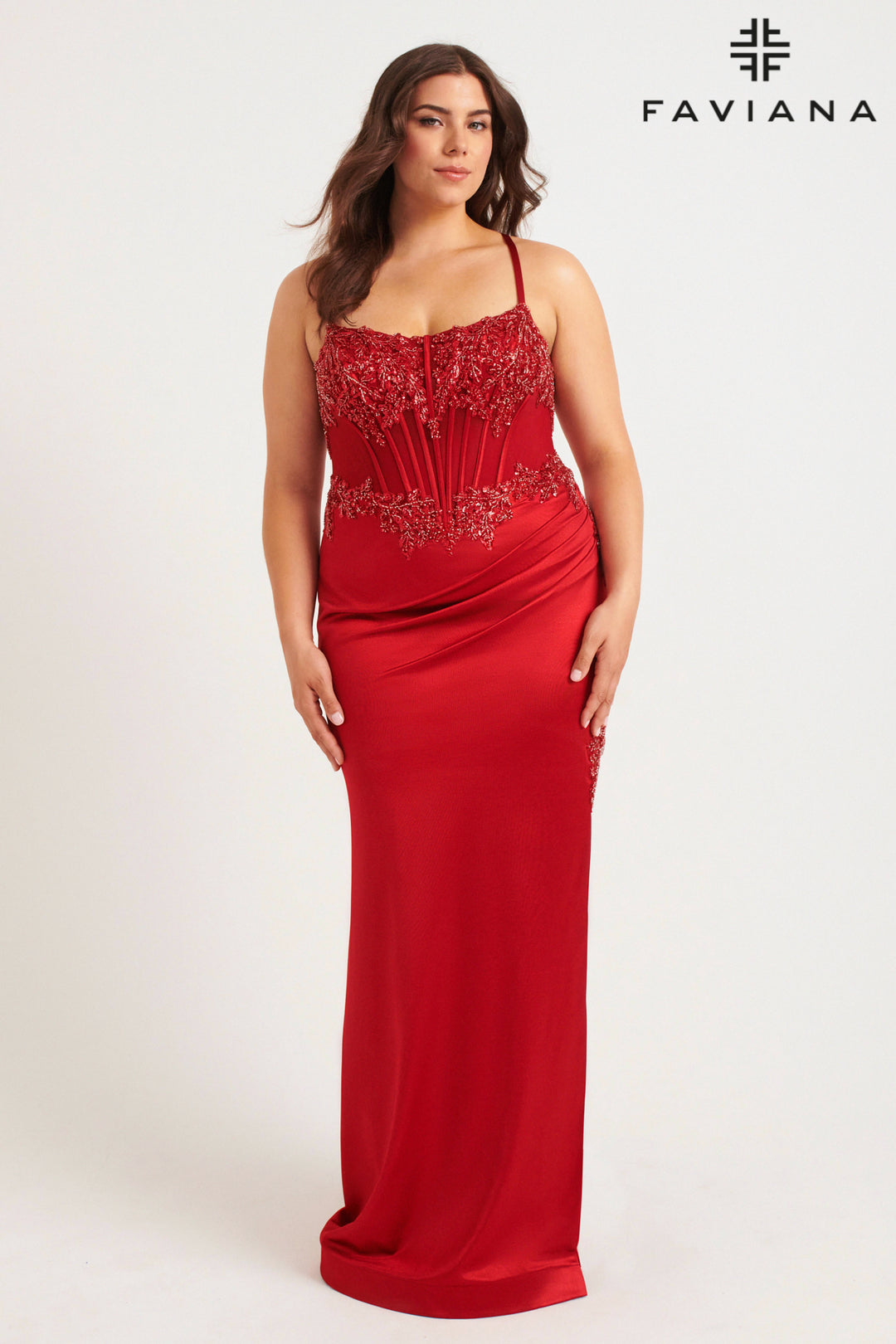 Plus Size Beaded Satin Corset Gown by Faviana 9592