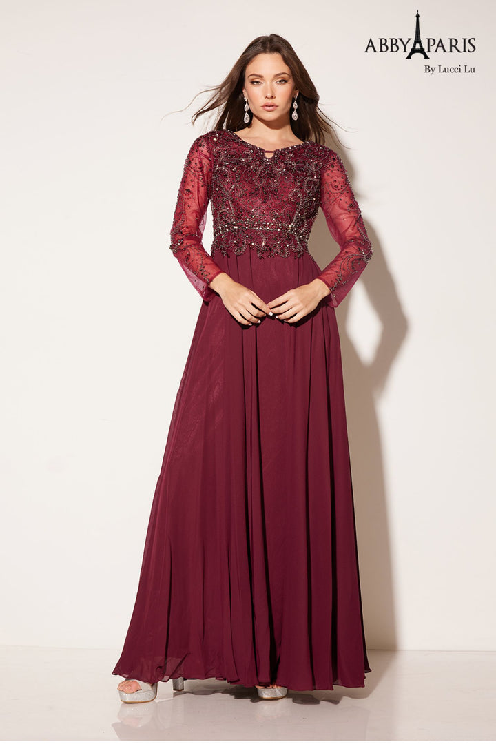 Chiffon Long Sleeve A-line Gown by Abby Paris 96040W