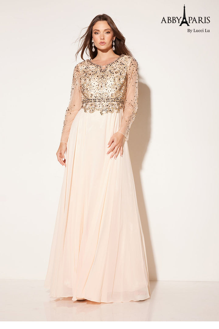 Chiffon Long Sleeve A-line Gown by Abby Paris 96040W