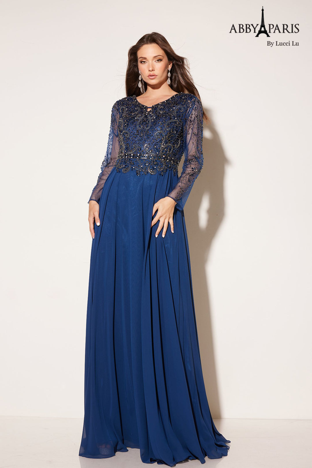 Chiffon Long Sleeve A-line Gown by Abby Paris 96040W