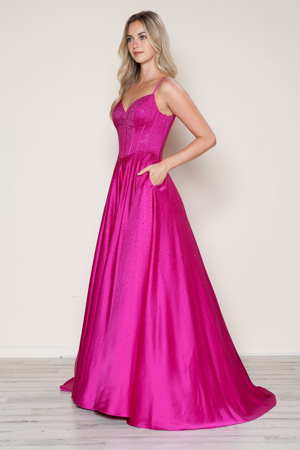 Beaded Satin Sleeveless A-line Gown by Poly USA 9610