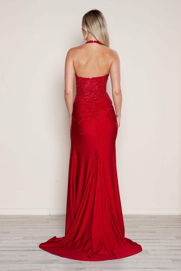 Applique Jersey Halter Slit Gown by Poly USA 9614