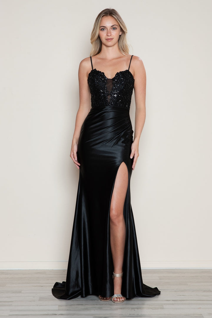 Applique Satin Sleeveless Slit Gown by Poly USA 9616