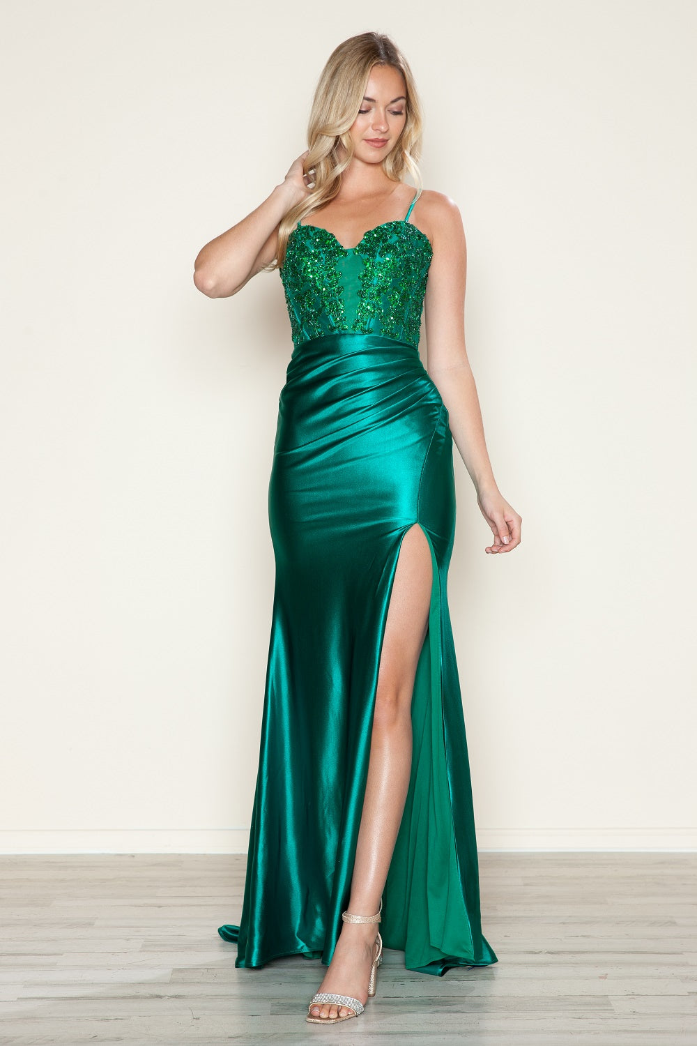 Applique Satin Sleeveless Slit Gown by Poly USA 9616