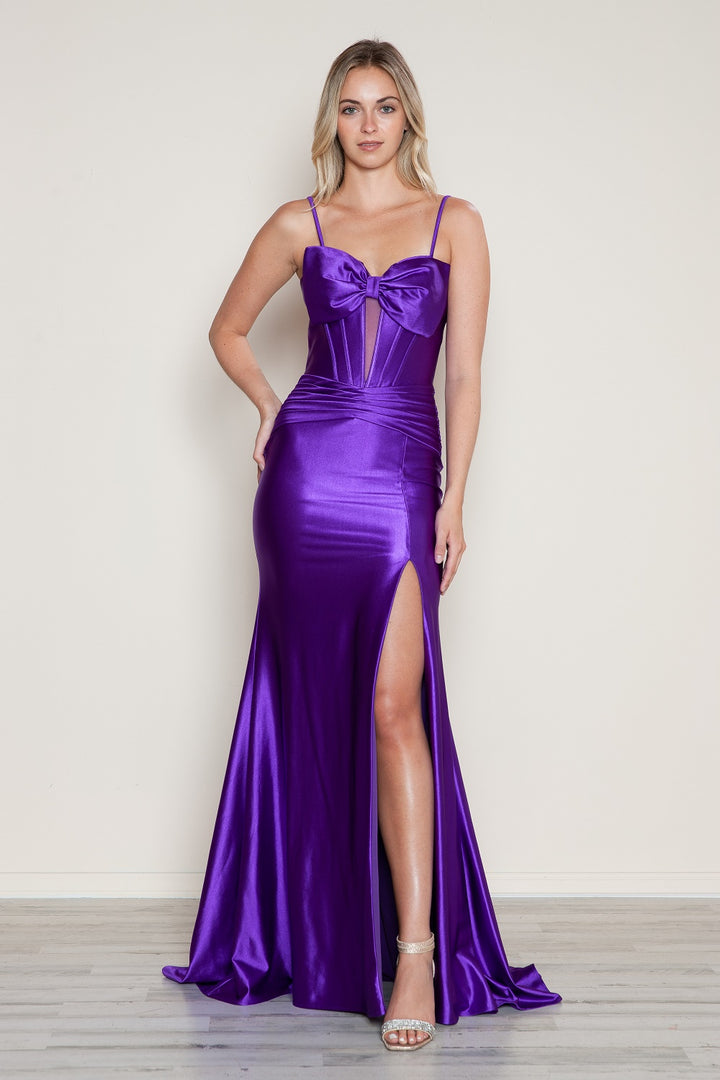 Satin Fitted Sleeveless Slit Gown by Poly USA 9644