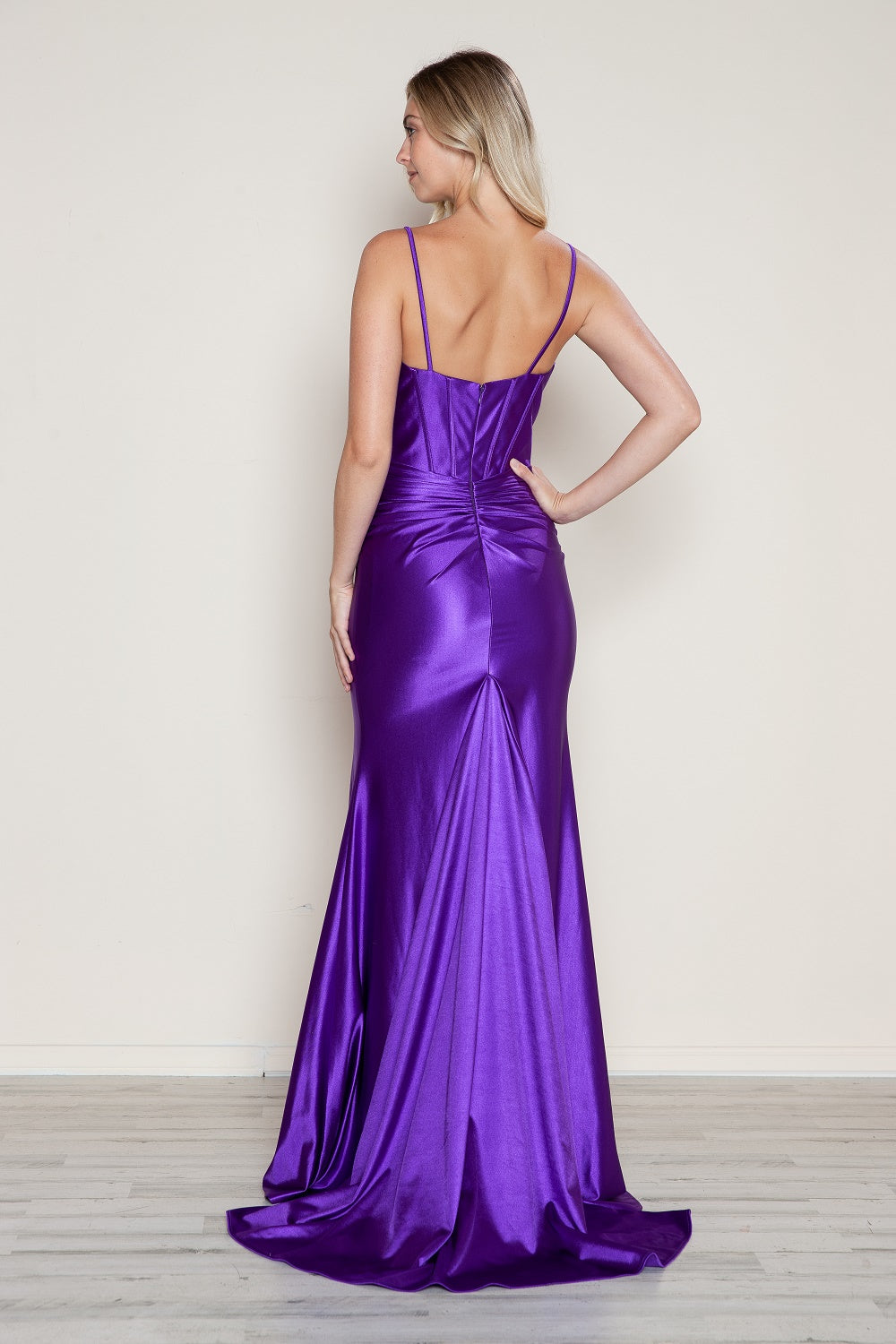 Satin Fitted Sleeveless Slit Gown by Poly USA 9644