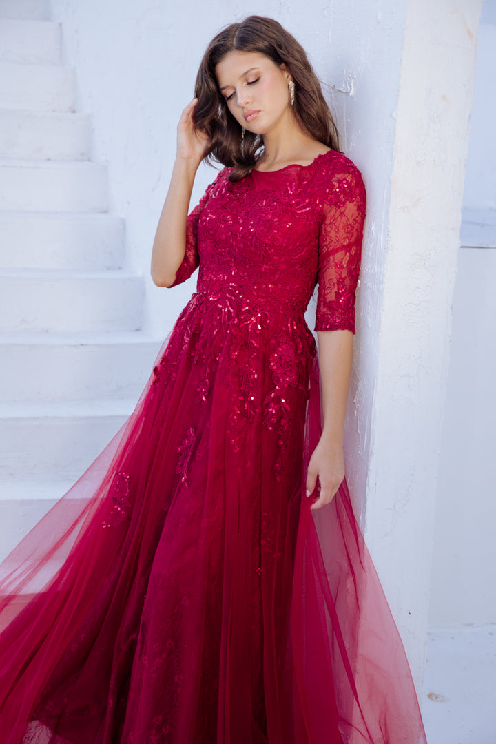 Lace Tulle 3/4 Sleeve A-line Gown by Eureka 9660