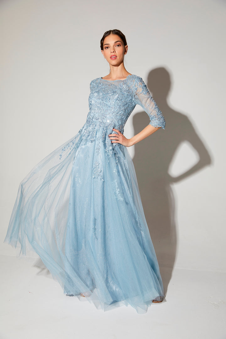 Lace Tulle 3/4 Sleeve A-line Gown by Eureka 9660