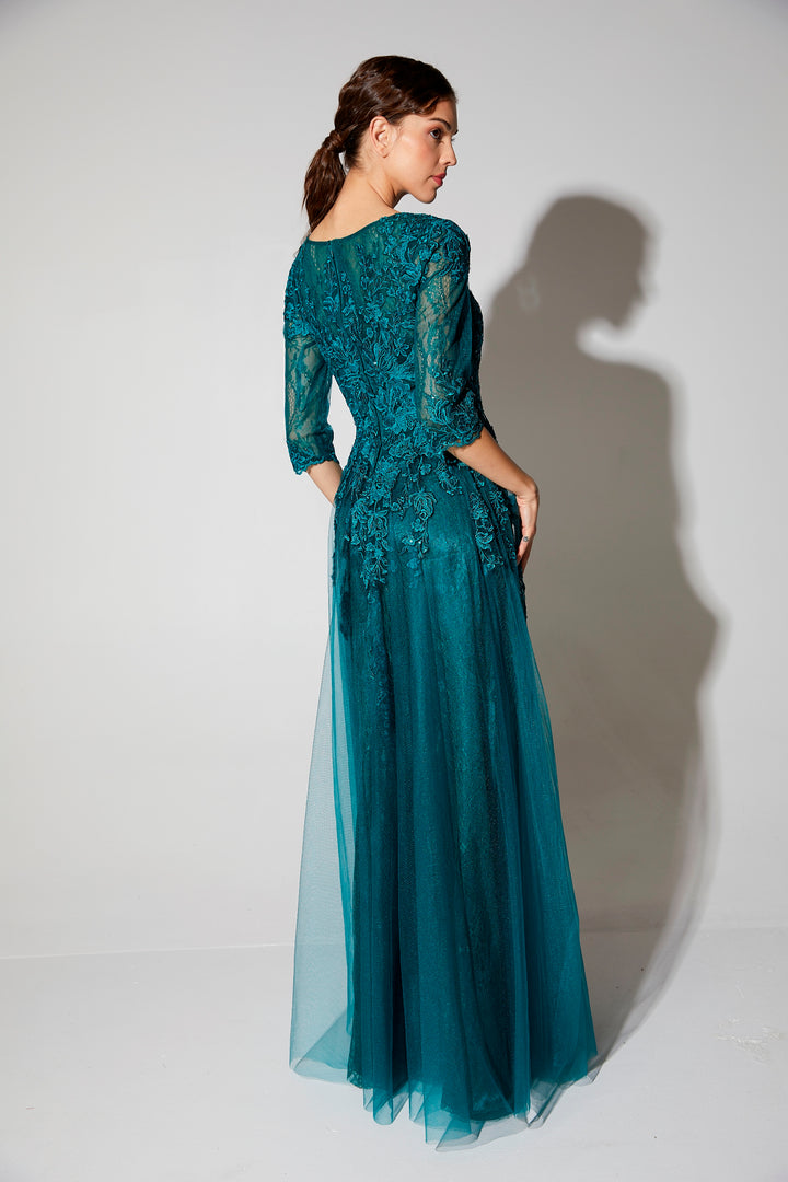 Lace Tulle 3/4 Sleeve A-line Gown by Eureka 9660