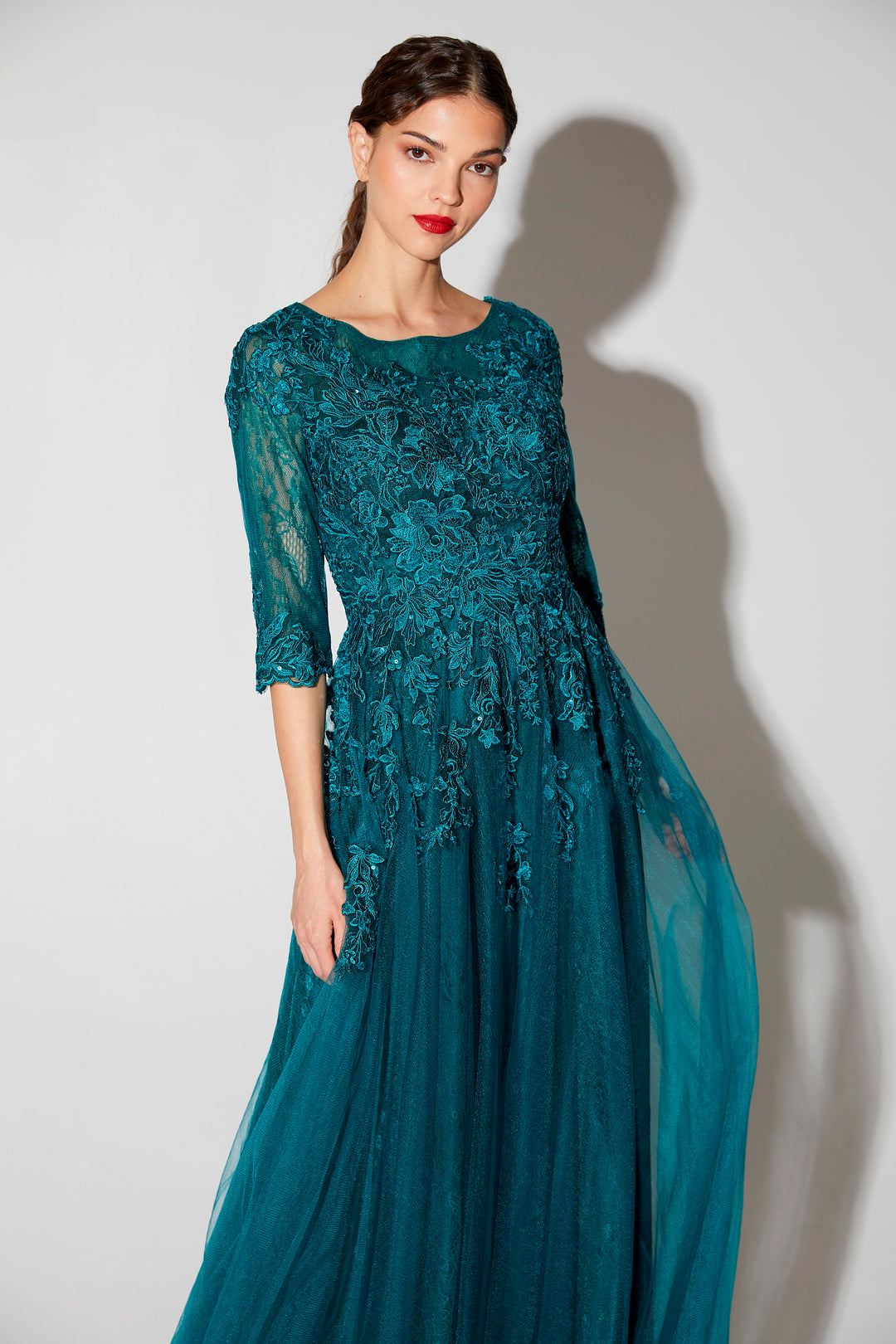 Lace Tulle 3/4 Sleeve A-line Gown by Eureka 9660