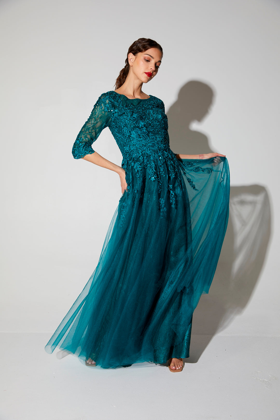 Lace Tulle 3/4 Sleeve A-line Gown by Eureka 9660