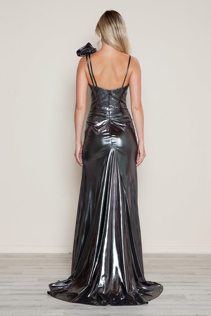 Metallic Sleeveless Slit Gown by Poly USA 9680