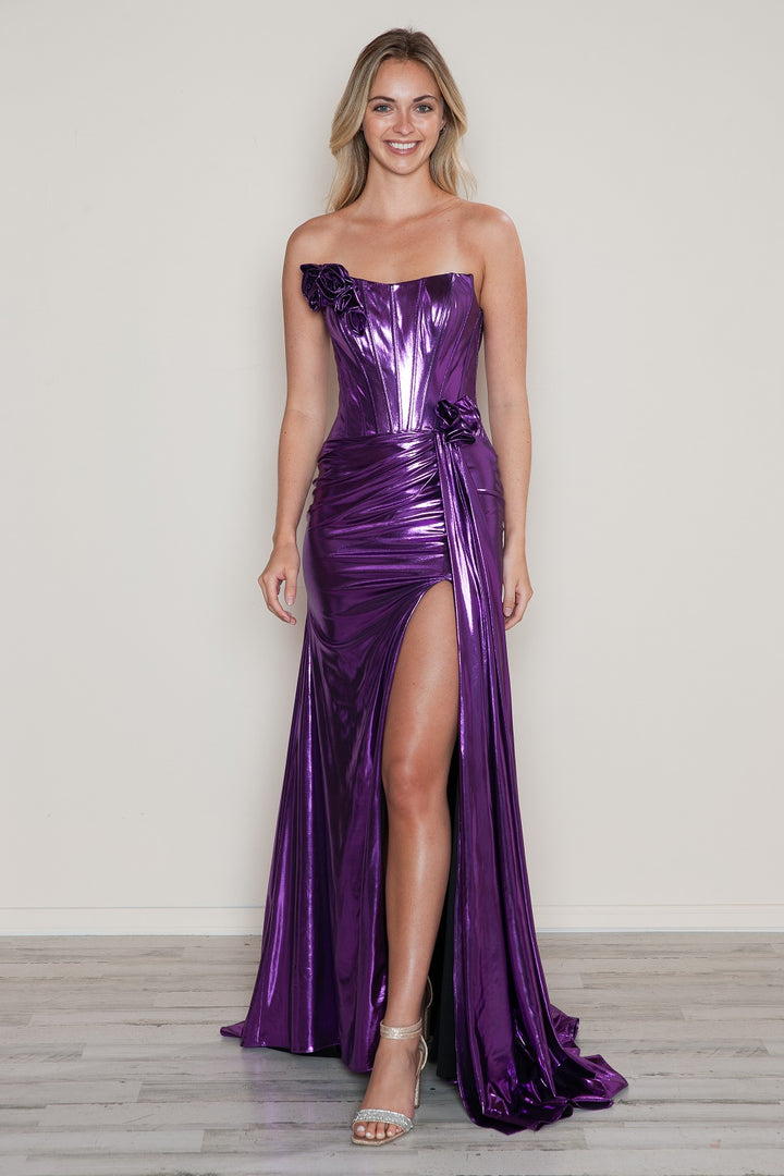 Metallic Fitted Strapless Slit Gown by Poly USA 9682