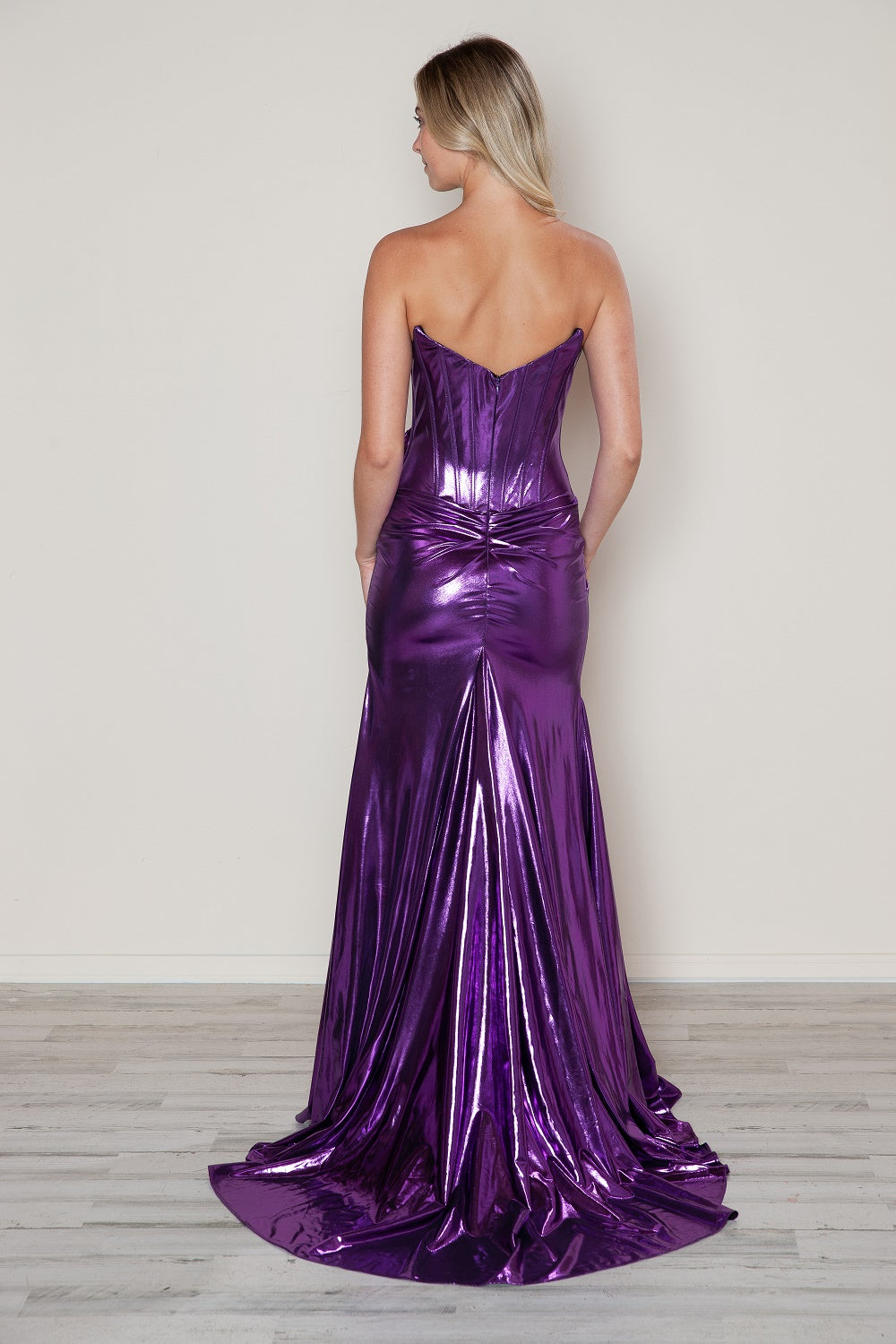 Metallic Fitted Strapless Slit Gown by Poly USA 9682