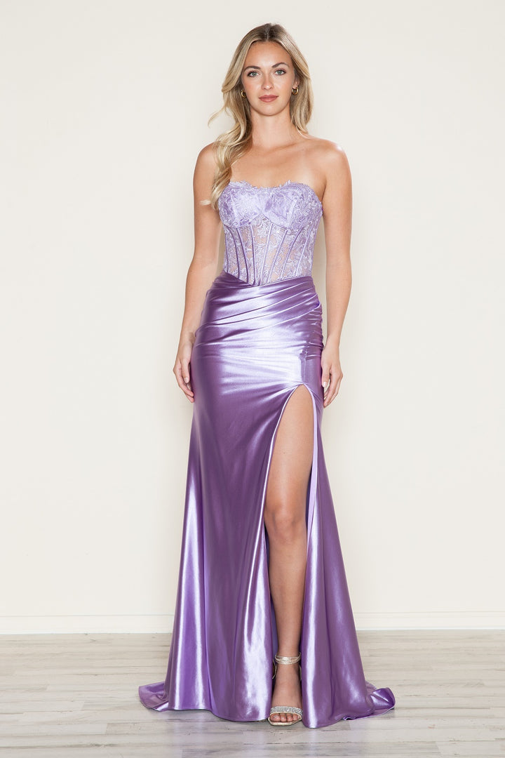 Satin Fitted Lace Bodice Slit Gown by Poly USA 9688