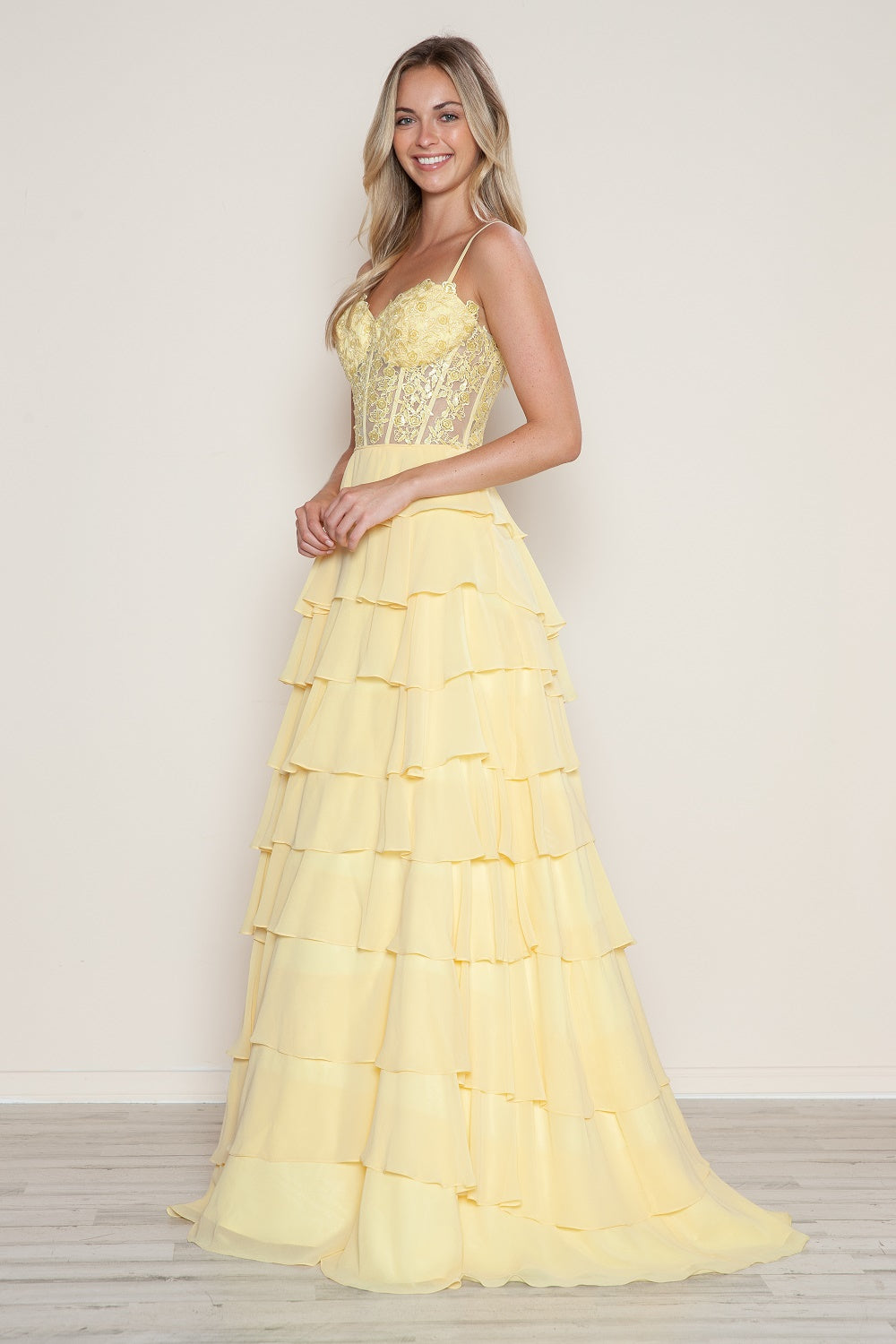 Applique Chiffon A-line Tiered Gown by Poly USA 9698