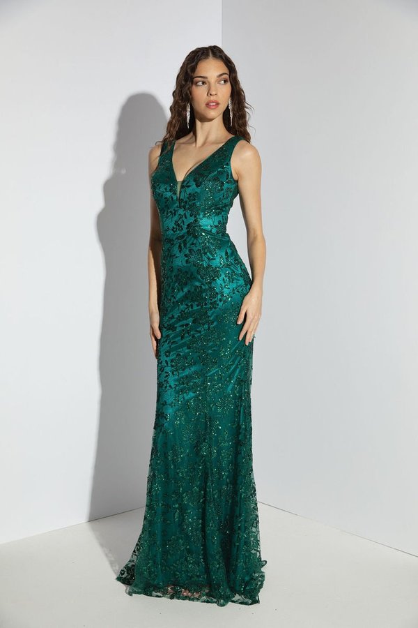 Glitter Print Fitted V-Neck Gown by Eureka 9706