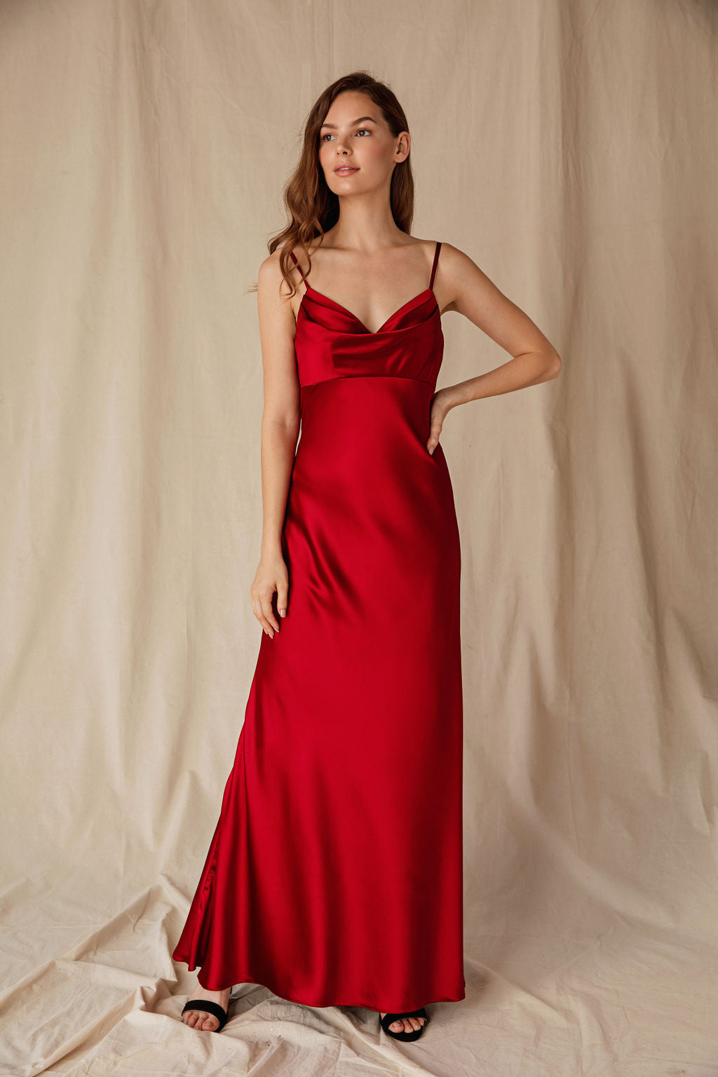 Satin Fitted Long Cowl Neck Dress by Eureka 9711