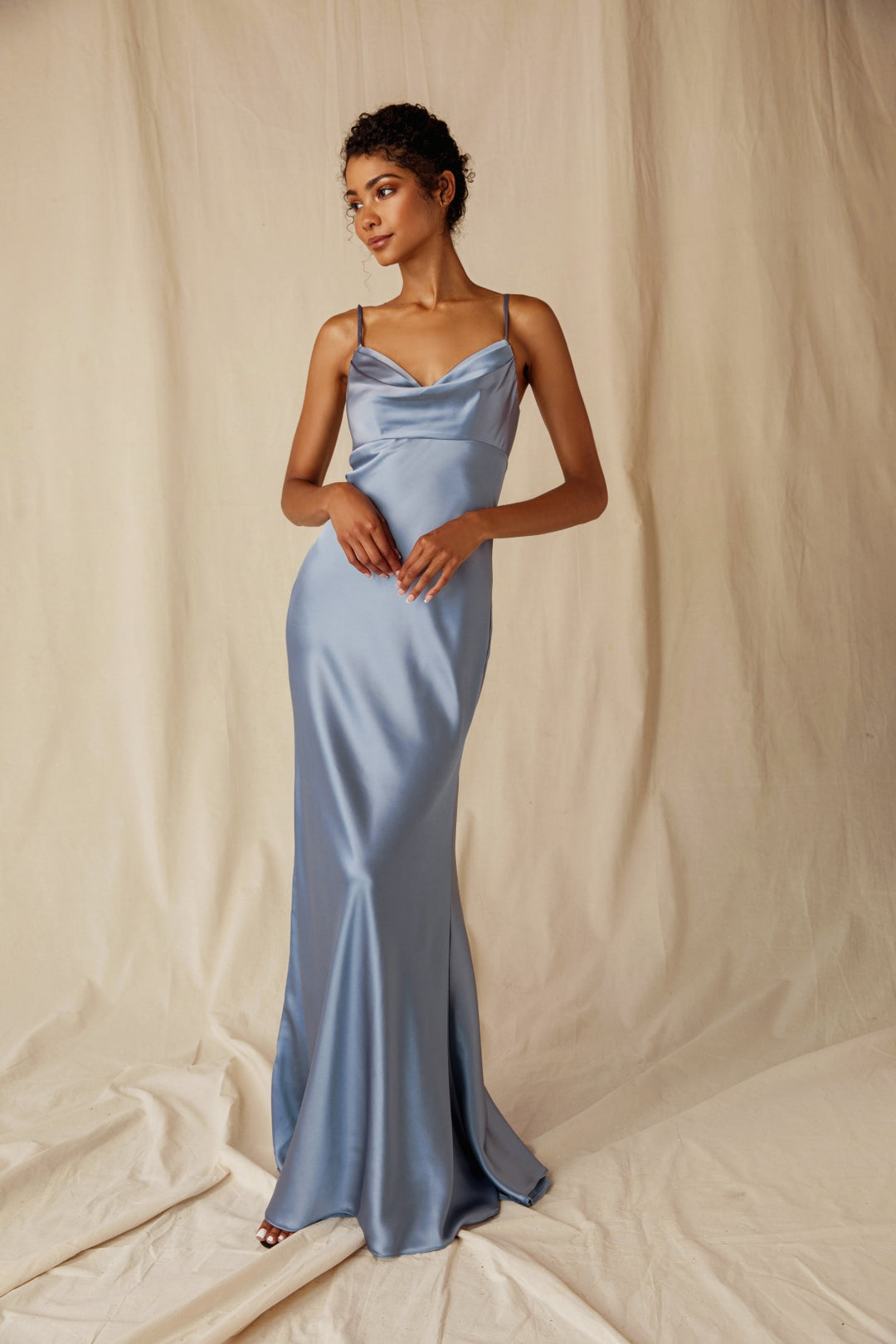 Satin Fitted Long Cowl Neck Dress by Eureka 9711