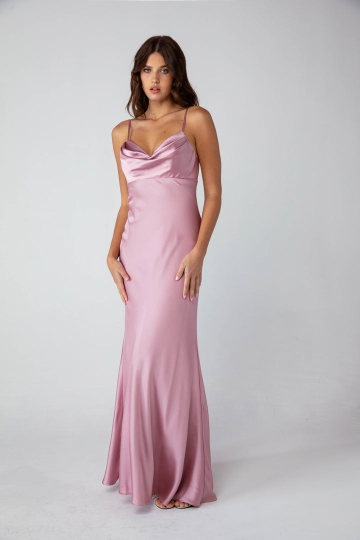 Satin Fitted Long Cowl Neck Dress by Eureka 9711