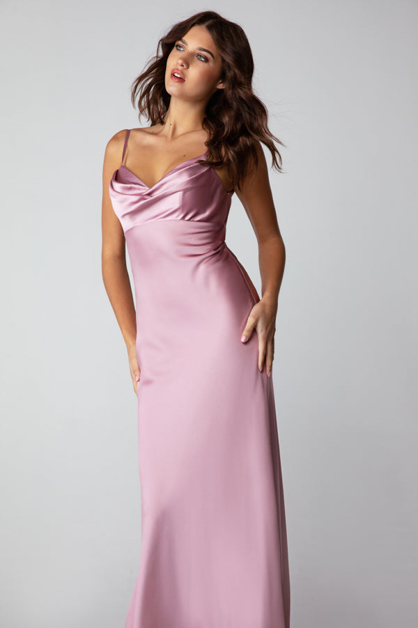 Satin Fitted Long Cowl Neck Dress by Eureka 9711