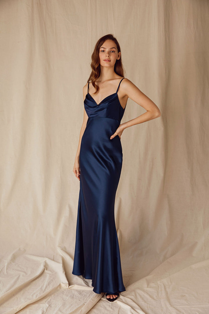 Satin Fitted Long Cowl Neck Dress by Eureka 9711