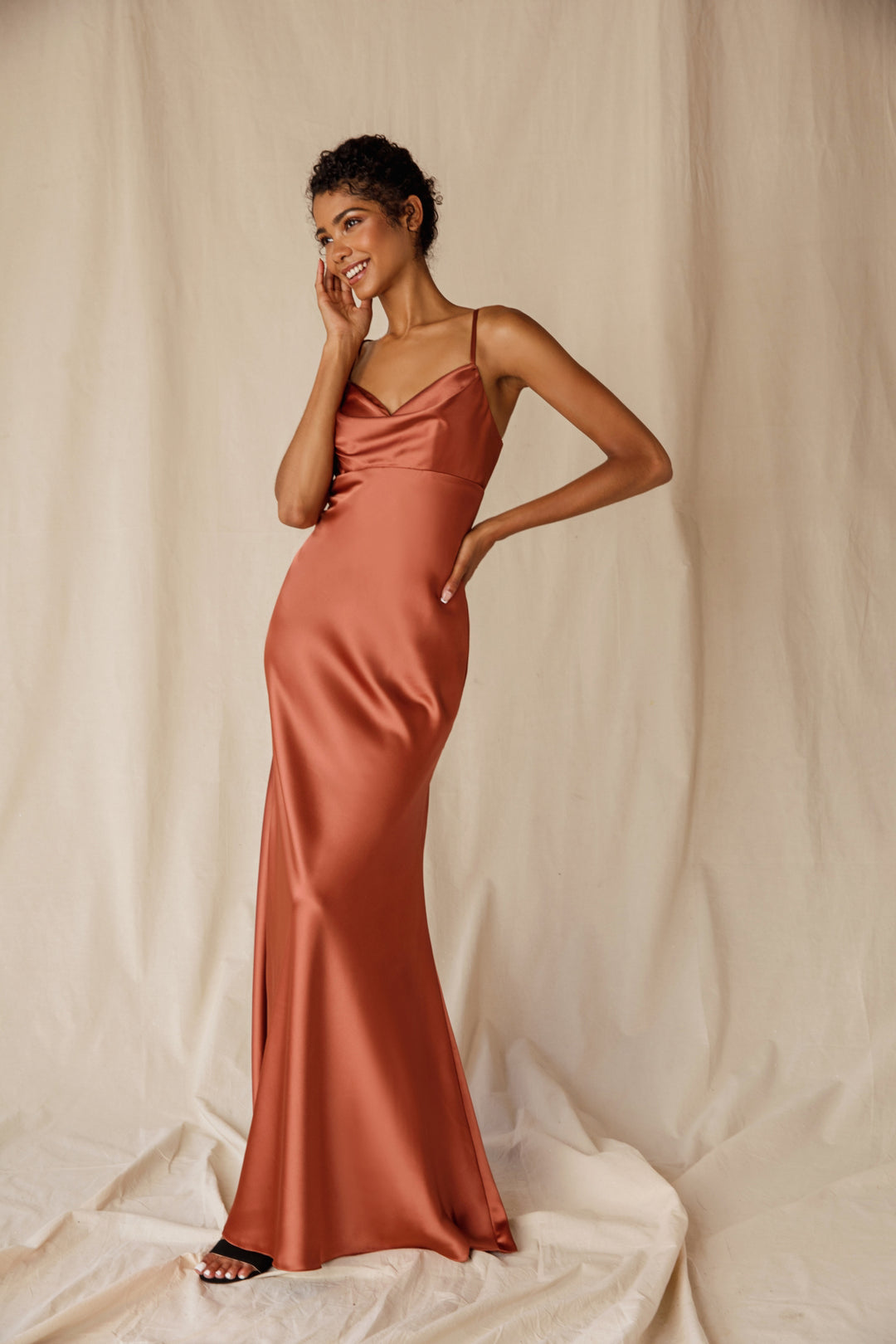 Satin Fitted Long Cowl Neck Dress by Eureka 9711