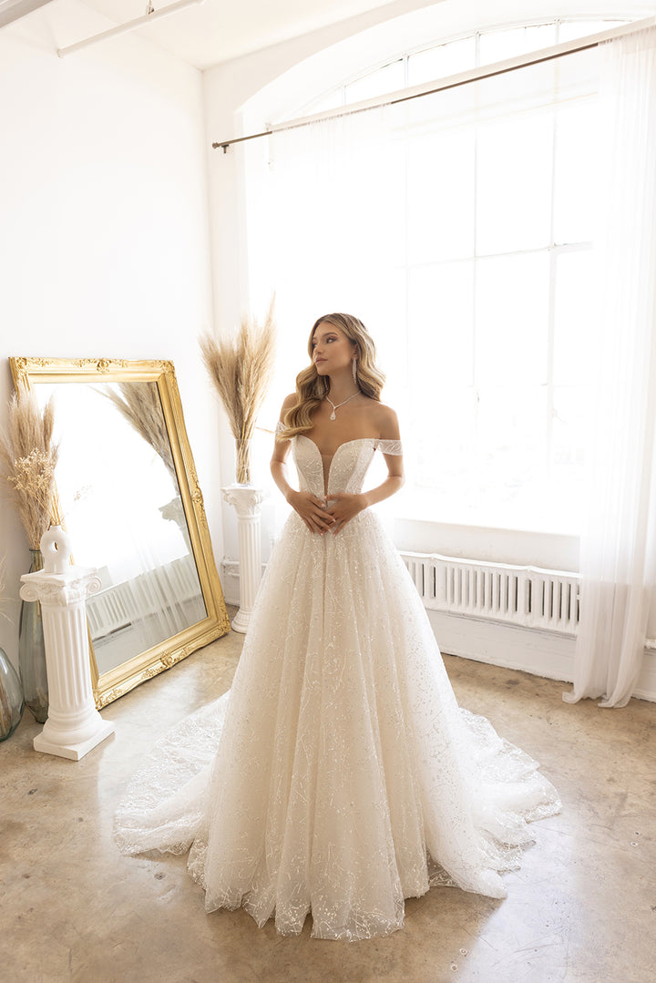 Embellished Off Shoulder Bridal Gown by Abby Lane 97185