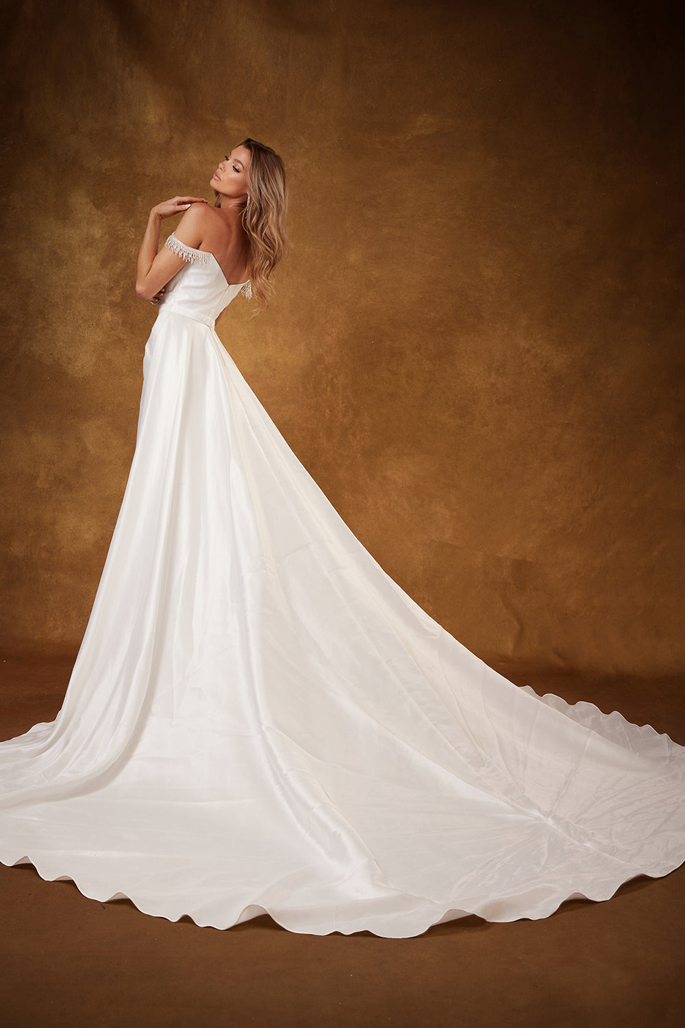 Satin Off Shoulder Bridal Gown by Abby Lane 97212