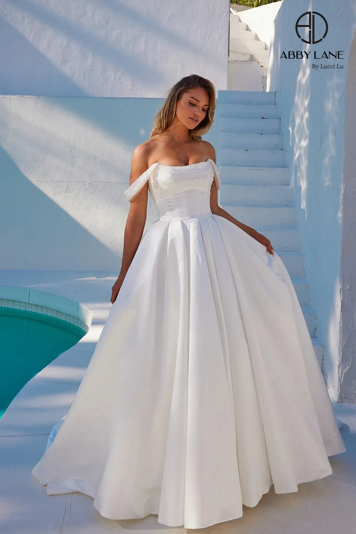 Satin Off Shoulder A-line Bridal Gown by Abby Lane 97288