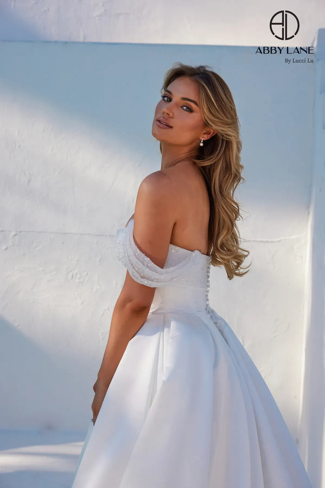 Satin Off Shoulder A-line Bridal Gown by Abby Lane 97288