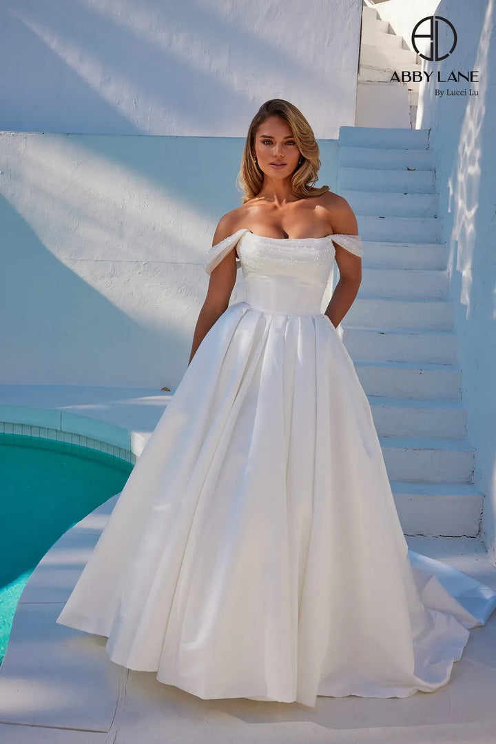 Satin Off Shoulder A-line Bridal Gown by Abby Lane 97288