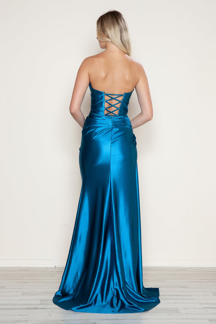 Satin Fitted Strapless Slit Gown by Poly USA 9734