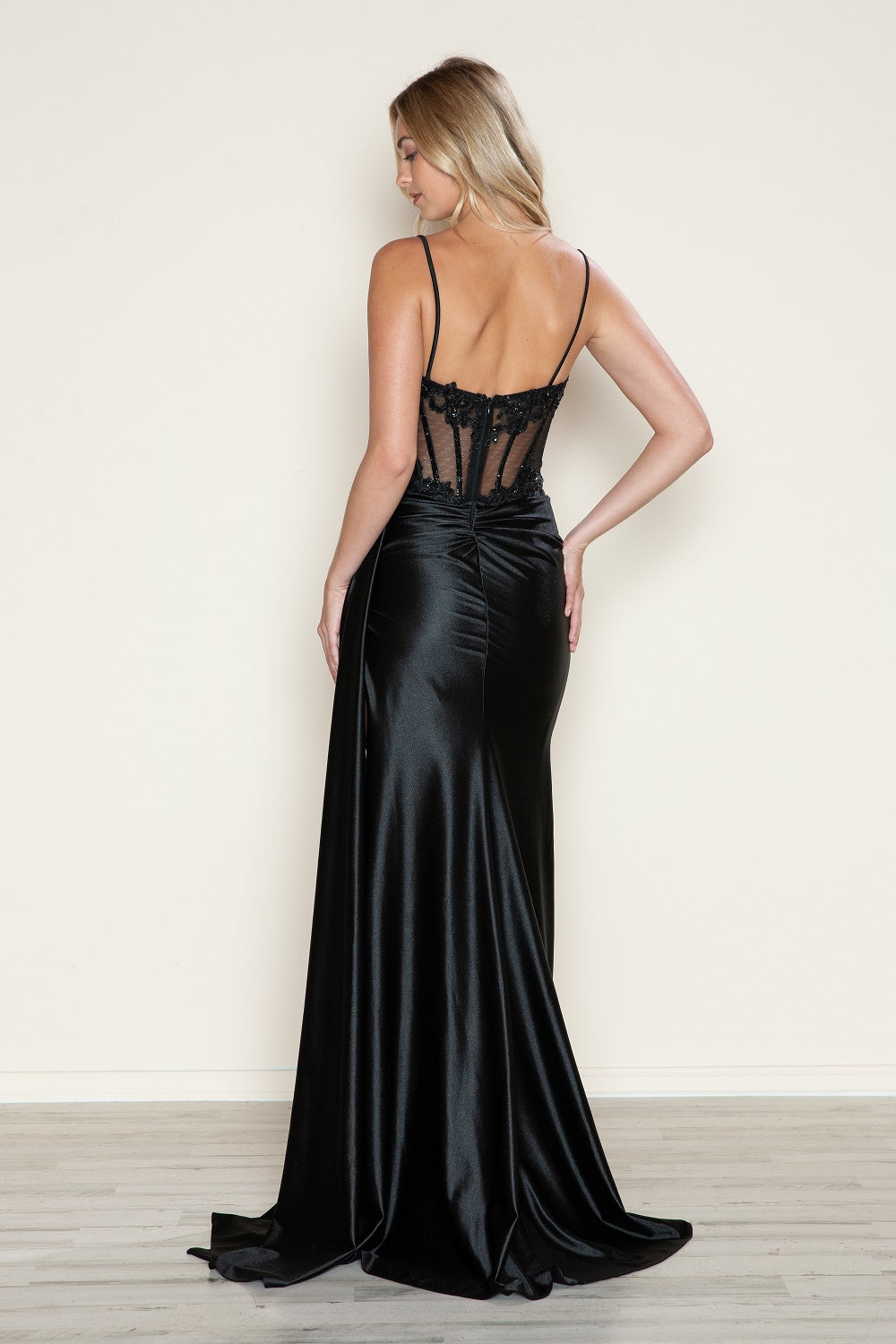 Embroidered Satin Corset Slit Gown by Poly USA 9740