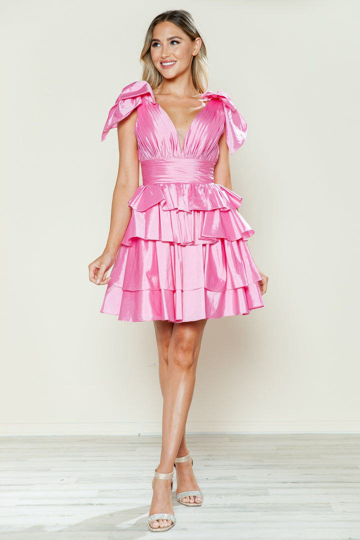 Taffeta Short Bow Ruffled Dress by Poly USA 9742