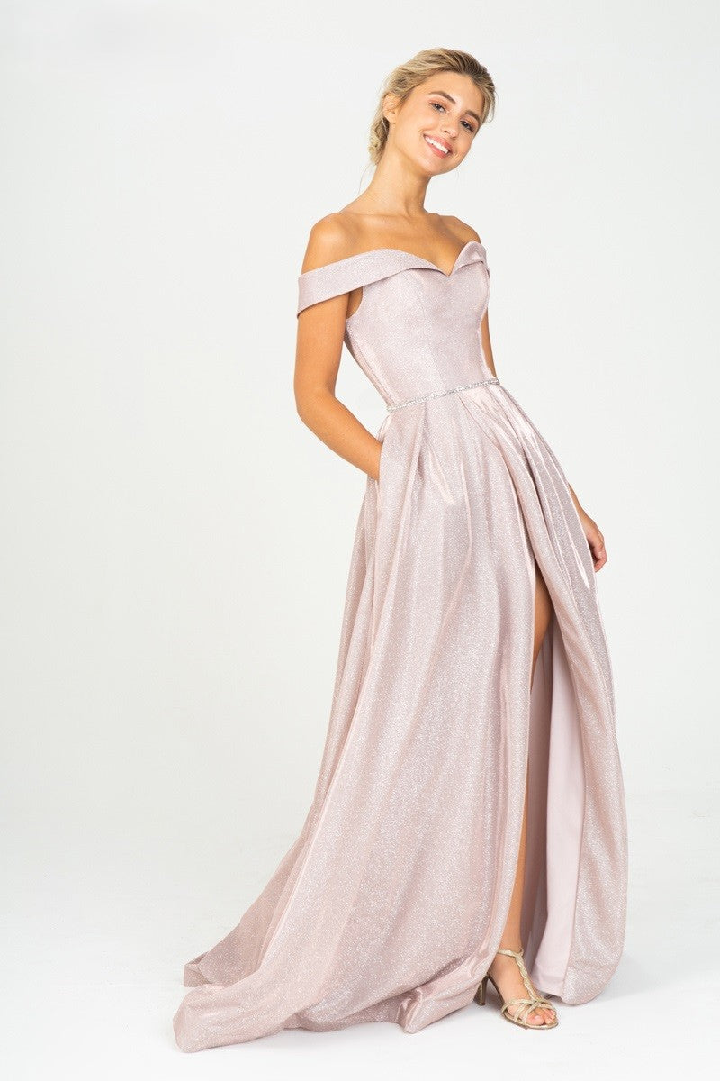 Metallic Off Shoulder A-line Slit Gown by Eureka 9808