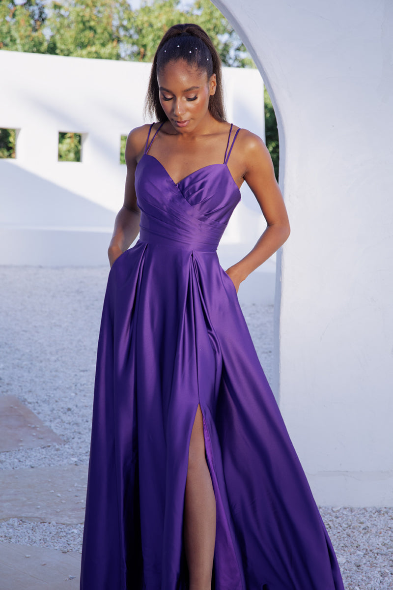 Satin Sleeveless A-line Slit Gown by Eureka 9925