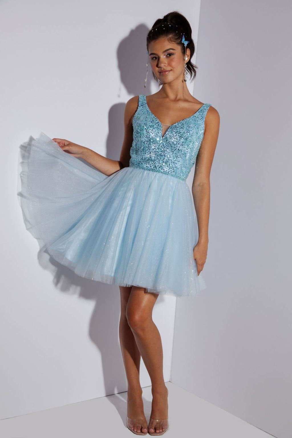 Beaded Short V-Neck A-line Dress by Eureka 9926