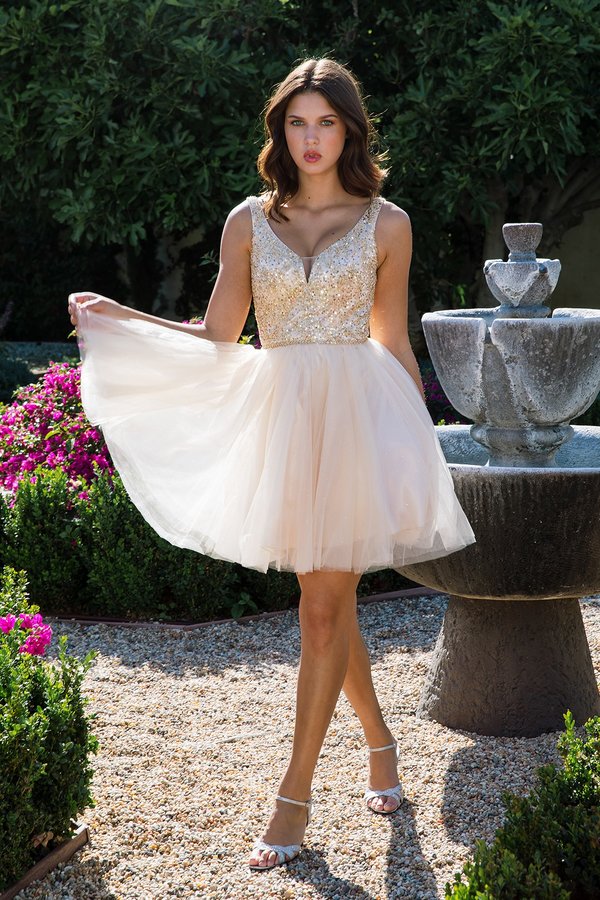 Beaded Short V-Neck A-line Dress by Eureka 9926