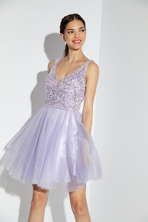 Beaded Short V-Neck A-line Dress by Eureka 9926