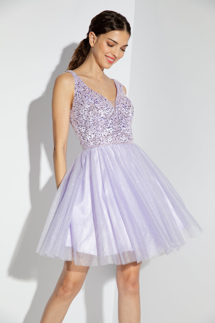 Beaded Short V-Neck A-line Dress by Eureka 9926