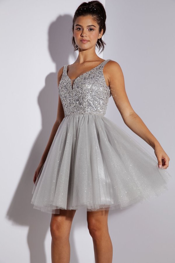 Beaded Short V-Neck A-line Dress by Eureka 9926